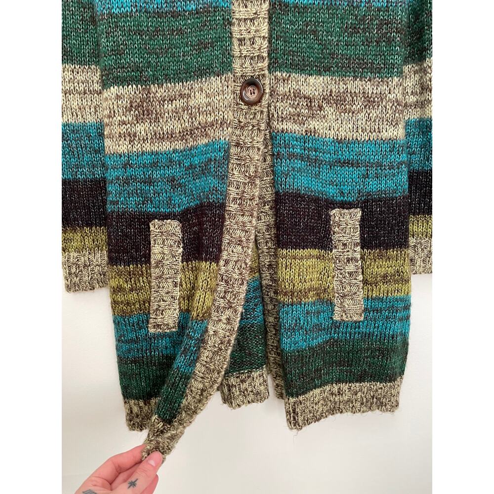 y2k JohnPaulRichard Striped Cardigan Sweater Womens L Green Button-Front Duster - Picture 10 of 16